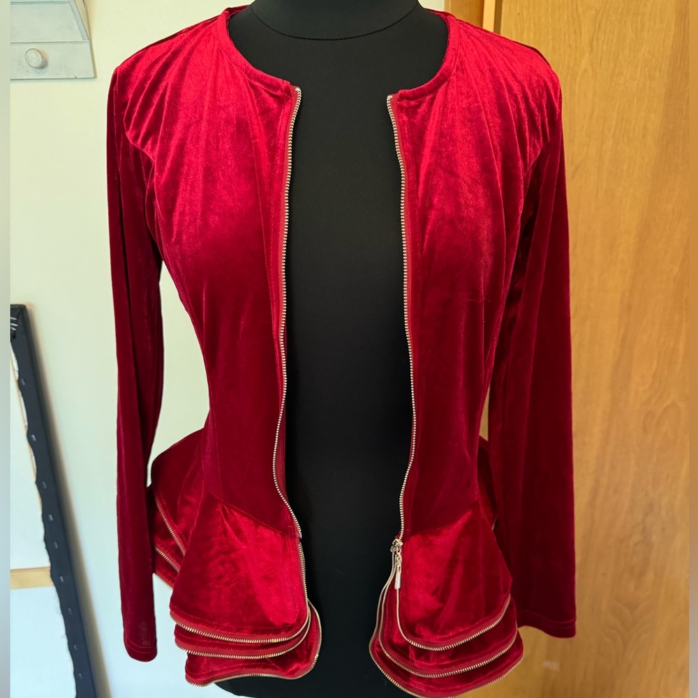 Xtaren Red Blazer Jacket with Gold Zipper Embellishment